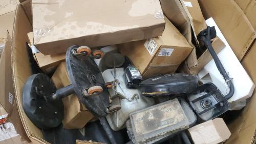 Mixed lot of new/used automotive & heavy-truck parts including air brake coiled hoses (blue/red), amber warning lights, interior armrests, and assorted filters & hardware - Image 1