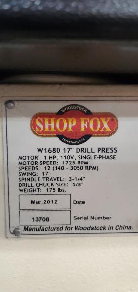 Shop Fox 17" Drill Press - Model W1689. - Image 5