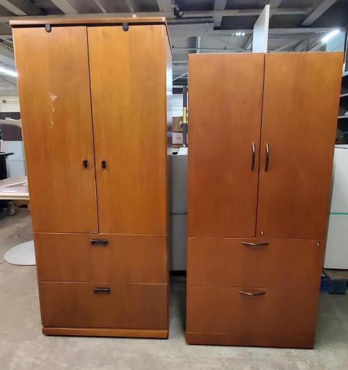 Lot of 2 Wood Wardrobes- 32" x 73" x 24" deep, 30" x 65.5" x 24" deep. HEAVY- BUYER LOADS-  - Image 1