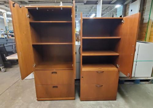Lot of 2 Wood Wardrobes- 32" x 73" x 24" deep, 30" x 65.5" x 24" deep. HEAVY- BUYER LOADS-  - Image 2