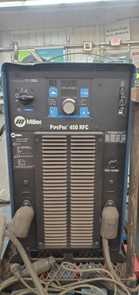 Miller PipePro 450 RFC industrial welding power source with PipePro suitcase wire feeder. Includes feeder cables, welding leads, and Miller transport case. - Image 1
