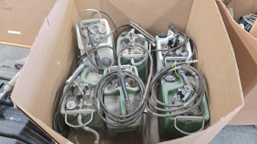 Lot of 8 Efficiency Production Hydraulic Hand Pumps with Hoses- Trench Box /Shoring- Includes 10 gallons of fluid.- - Image 1