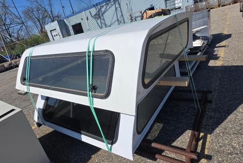 Lot of 2 Fiberglass truck caps (white, sliding side windows, rear glass doors w/ locks), TAG Midwest ID 100R 58GSO19 (2021); good used condition with typical wear&mdash;fitment unknown, buyer to verify. - Image 1