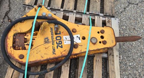 JCB Hammermaster 260L hydraulic breaker/hammer attachment with hoses, heavy-duty skid steer/excavator mount, used condition. - Image 1