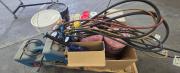 Mixed lot of HVAC/refrigeration equipment, drain augers, flooring materials, and assorted compounds/chemicals on pallet.