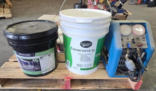 Mixed lot of HVAC/refrigeration equipment, drain augers, flooring materials, and assorted compounds/chemicals on pallet. - Image 3