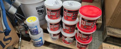 Mixed lot of HVAC/refrigeration equipment, drain augers, flooring materials, and assorted compounds/chemicals on pallet. - Image 6