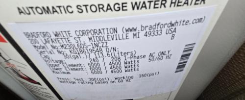 Used Bradford White 30Gallon Electric Water Heater- 240V.- - Image 3