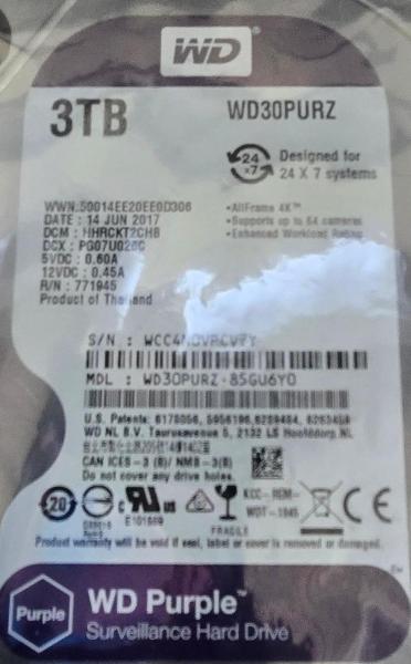 Lot of five (5) brand new Western Digital WD Purple 3TB surveillance hard drives, still sealed in their original factory anti-static packaging. - Image 1