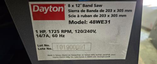 Dayton Model 48WE31 8" x 12" horizontal metal cutting band saw.  - Image 2