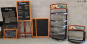 Commercial Caf&eacute; Display & Food Service Fixture Lot &ndash; Menu Boards, Display Racks, Fry Baskets, Buffet Stands & Steam Pans.