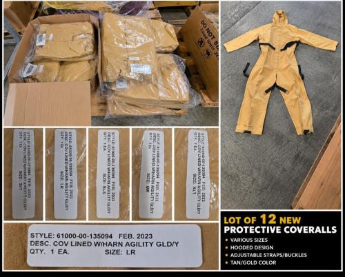 Lot of 12 new protective hooded coveralls, individually packaged and including adjustable straps. - Image 1