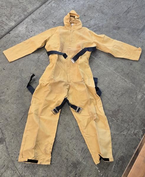 Lot of 12 new protective hooded coveralls, individually packaged and including adjustable straps. - Image 2