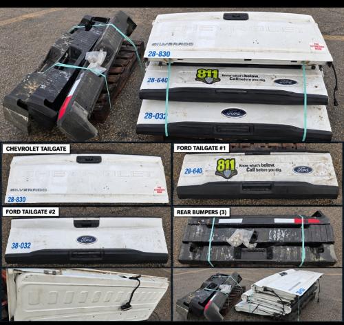 Mixed lot of used pickup truck body parts, consisting of three tailgates and three rear bumpers.  - Image 1