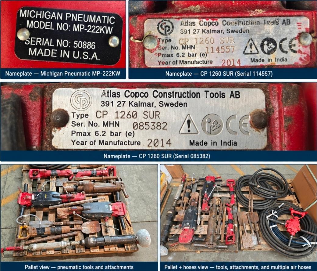 Assorted Pneumatic Construction / Demolition Tools & Air Hoses
