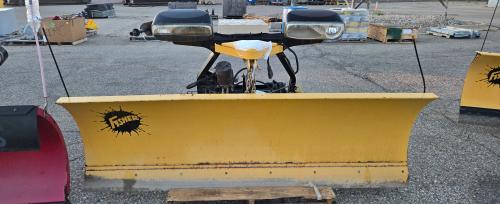 Fisher snowplow blade assembly with black mounting frame and hydraulic/electrical components. - Image 2