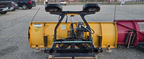 Fisher snowplow blade assembly with black mounting frame and hydraulic/electrical components. - Image 3