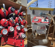Assortment of used fire extinguishers and service equipment