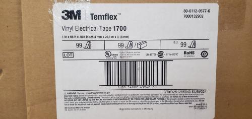 Box of 3M Temflex 1700 Vinyl Electrical Tape. 1"x66'x.007" - Each Box Contains 99 Rolls. (Not Available for Redeployment Back into the Company). - Image 2